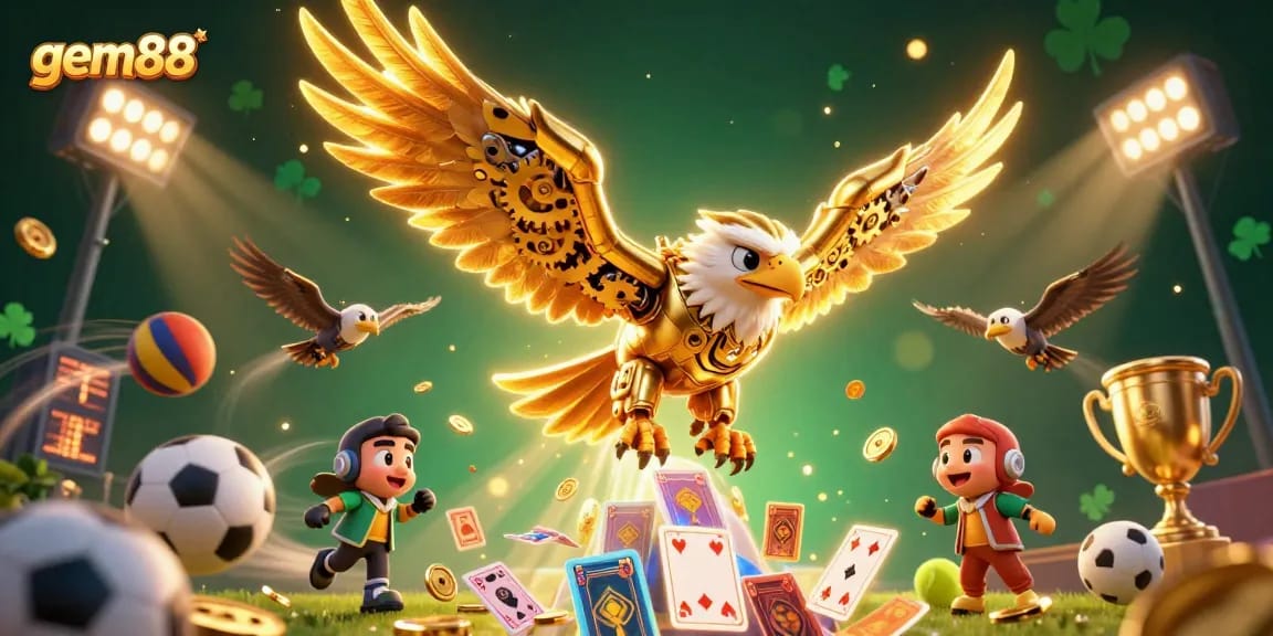 Experience the thrill of gem88 with a dynamic scene of a cybernetic eagle soaring amidst holographic cards and sports elements.