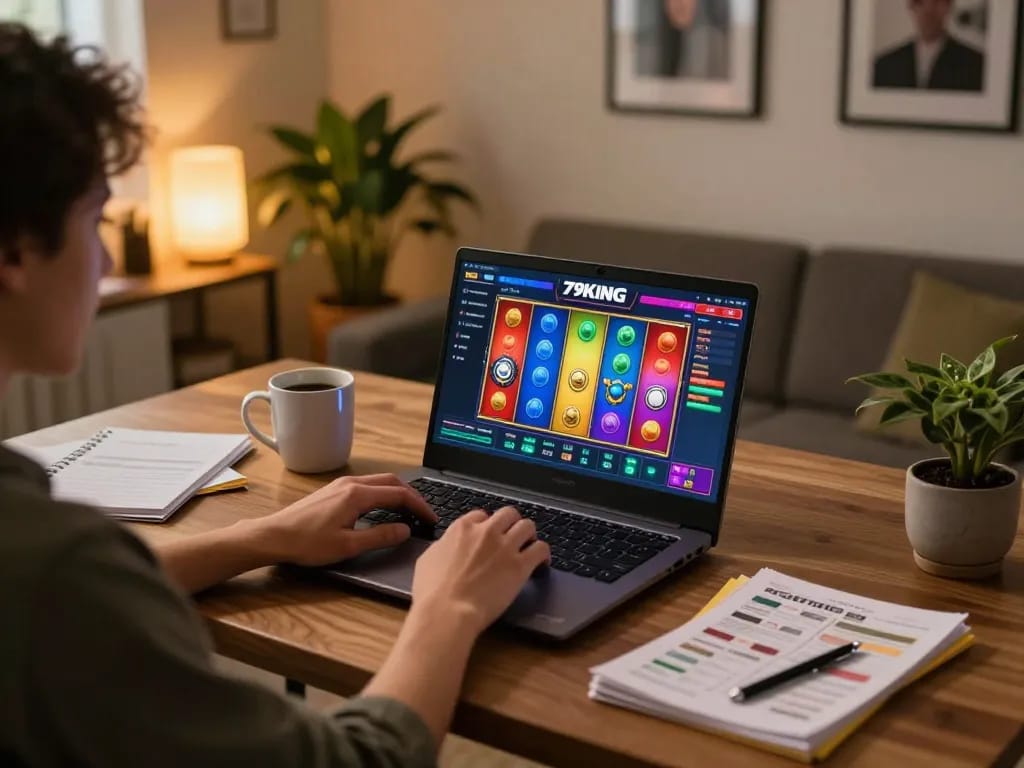 Engaged player enjoying 79KING online slots at home, showcasing gaming strategy notes.