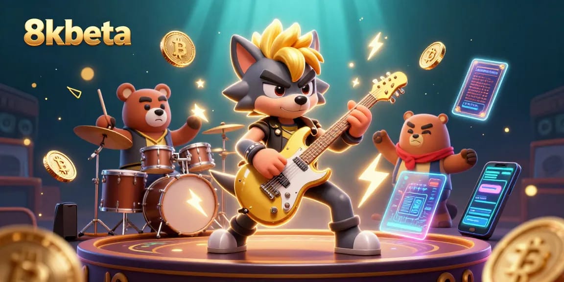Engage with 8kbeta in a vibrant casino scene featuring a rock star wolf and drummer bear amidst crypto elements.