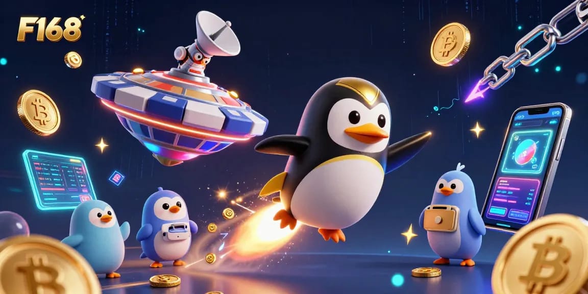 Experience exciting gaming at F168 with a golden penguin and vibrant casino elements