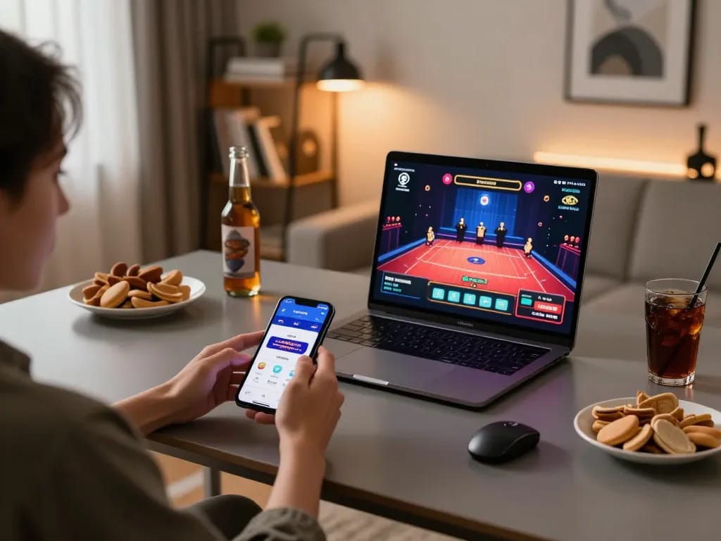 Engaging with RR88 casino app while enjoying a cozy home gaming setup.