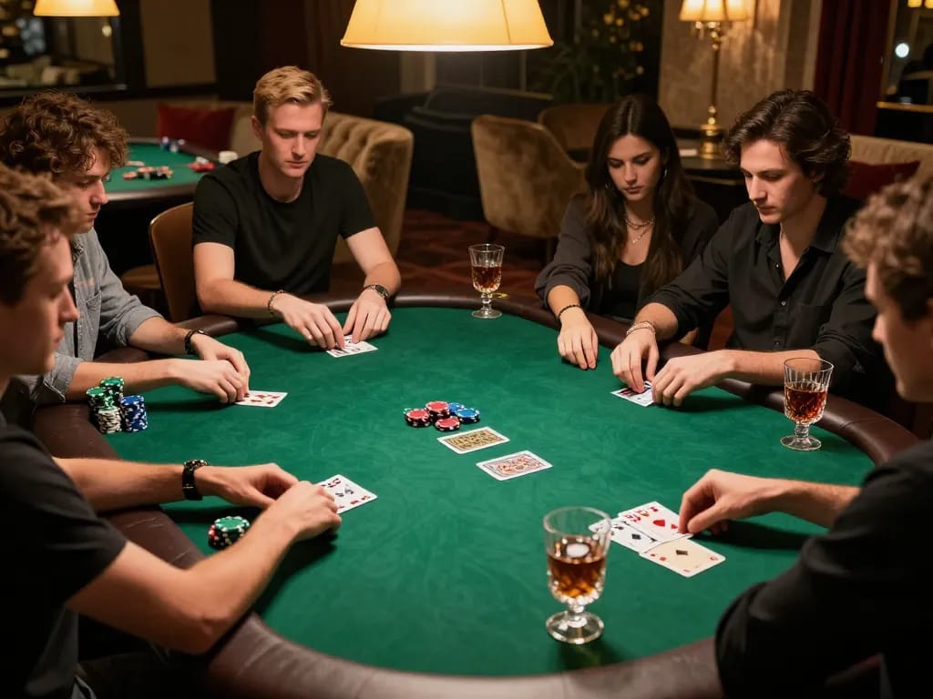 Players strategizing in a high-stakes qq88 poker game with premium setups and drinks.