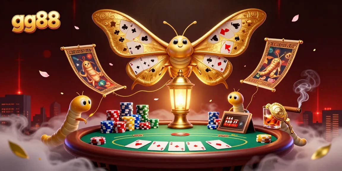 Experience thrilling gaming with gg88 in a vibrant casino scene featuring striking moths and poker elements.