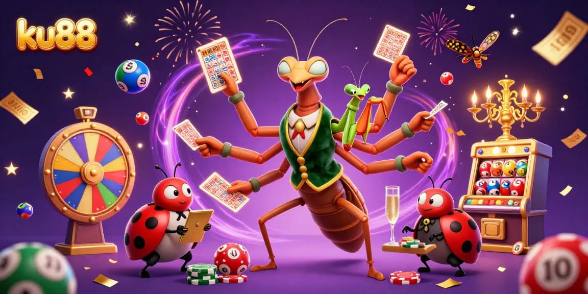 Engaging scene featuring ku88 with a giant praying mantis card sharp and ladybug pit boss in a vibrant casino atmosphere.