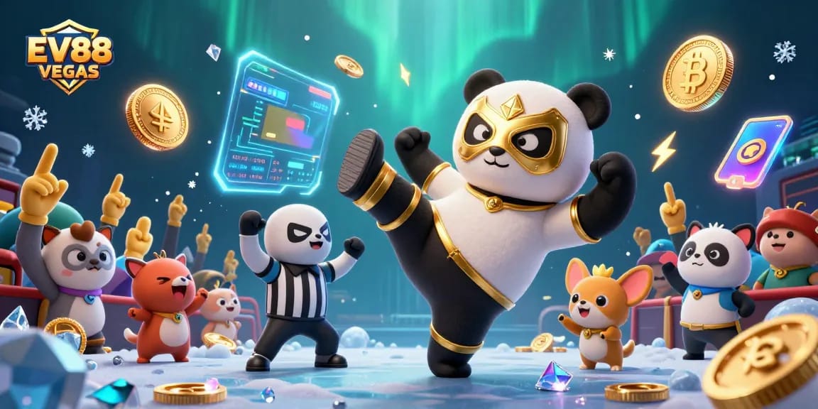 Witness a thrilling EV88 VEGAS casino match with a panda, chihuahua, and vibrant crypto elements!