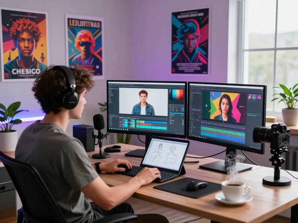 Content creator working on AI porn project in a modern digital studio