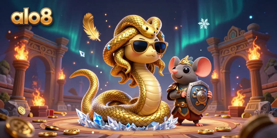 Experience thrilling cockfighting action with alo8, featuring Medusa and a warrior mouse in a vibrant arena.