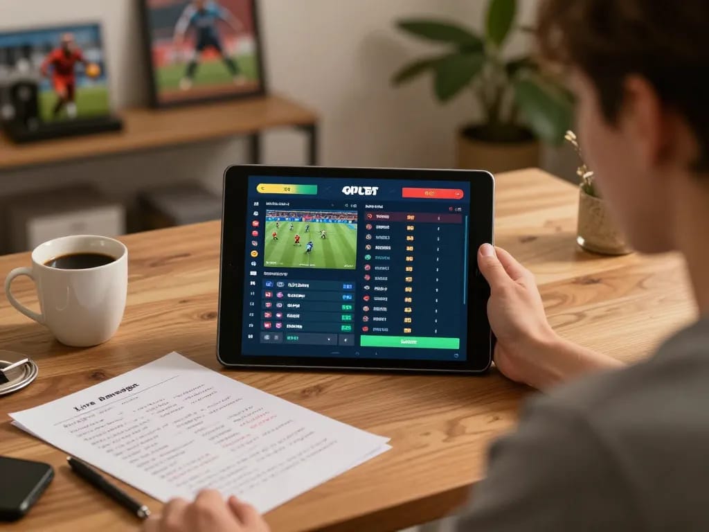 Engaging in online sports betting with keonhacaii app on tablet amidst cozy home setup.