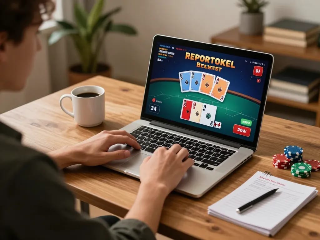 Player enjoying RR88 online poker game at home with cozy atmosphere and strategy notes.