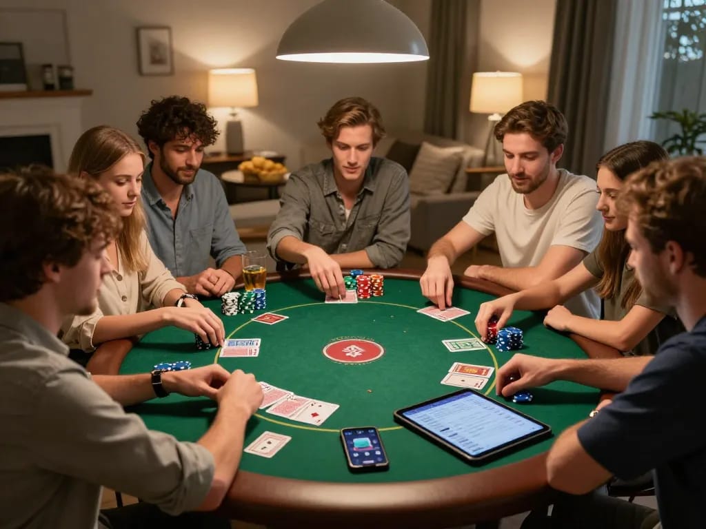 Pemain merencanakan strategi di malam poker dengan rokok88, menampilkan chip dan kartu yang berwarna-warni dalam permainan.
