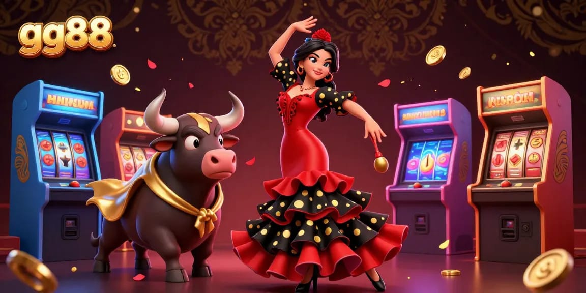 Experience thrilling gameplay at gg88 with a stunning flamenco dancer and a golden bull amidst vivid casino elements.