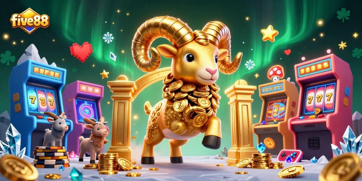 five88 casino action scene featuring a golden ram charging through a vibrant slot game landscape.