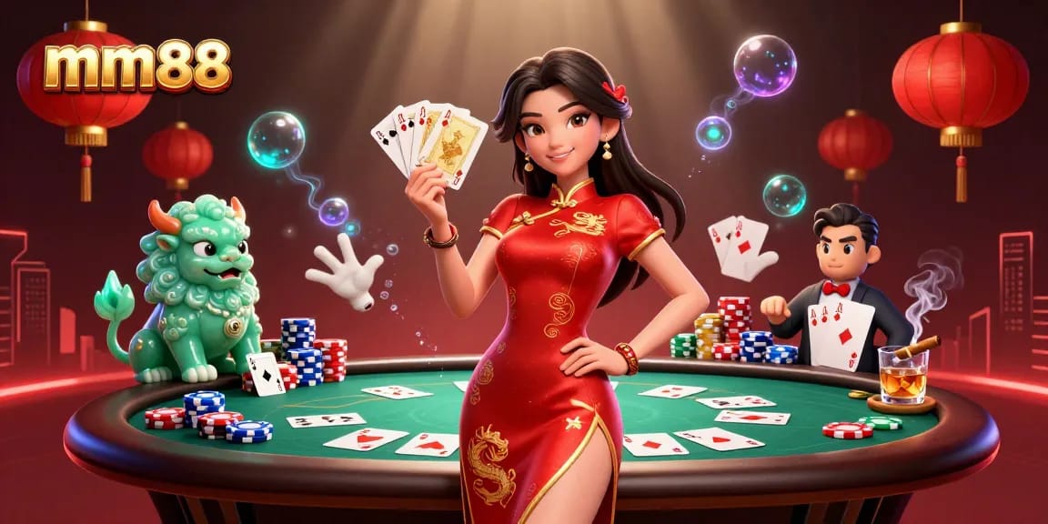Engage in thrilling games at mm88 with dynamic poker action featuring 3D characters and vibrant casino elements.