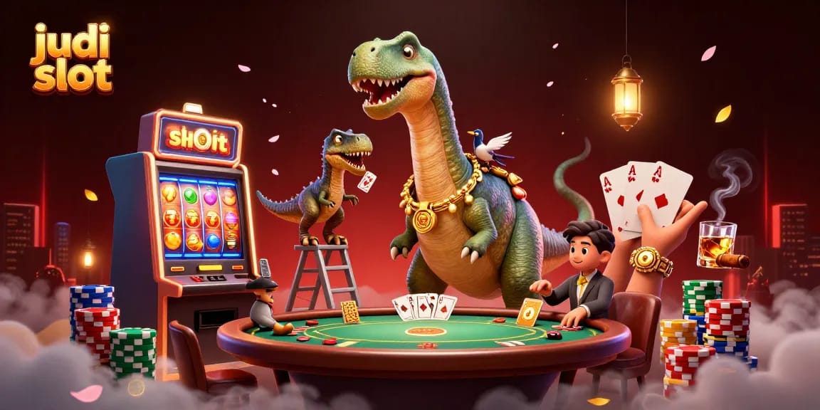 Engage with thrilling judi slot moments featuring a playful brontosaurus amidst vibrant casino elements.