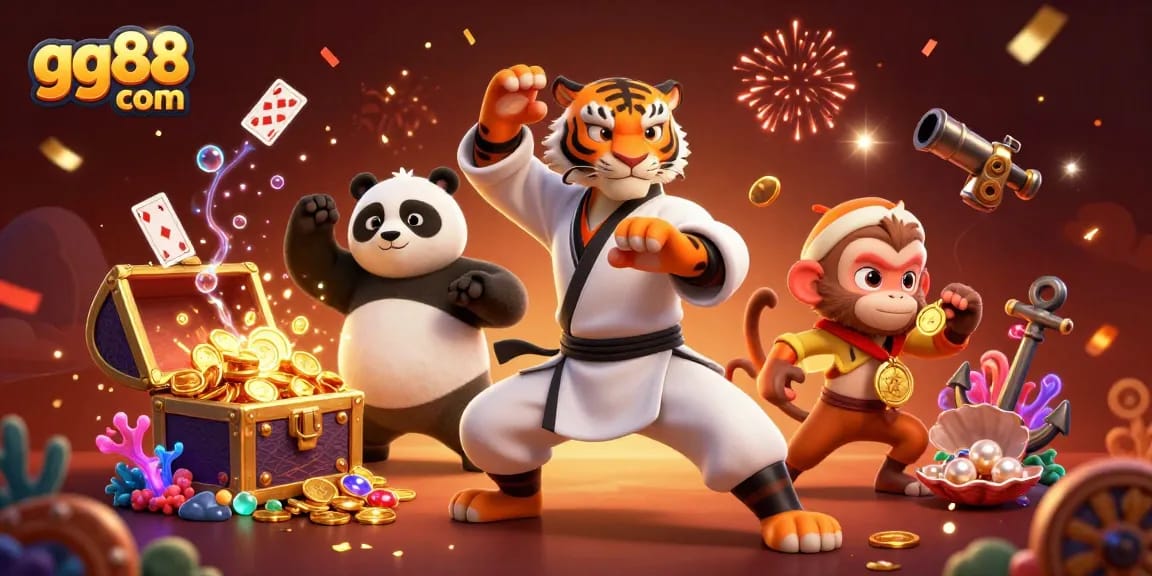 Spin the reels of fortune with gg88 com in this vibrant 3D casino scene featuring playful characters.