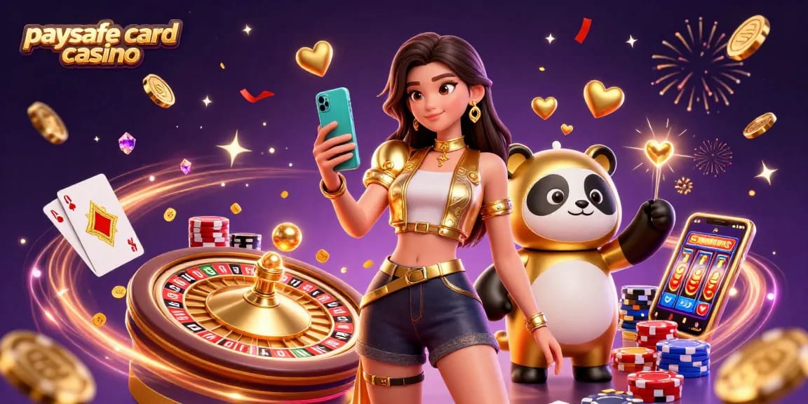 Paysafe Card Casino-Illustration mit einer eleganten Frau mit goldenen Akzenten und einem Panda-Maskottchen, umgeben von lebhaften Casino-Elementen.