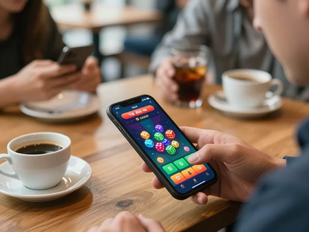 Tai Xiu Online game display on smartphone showcasing colorful interface with dice, promoting interactive gaming experience.