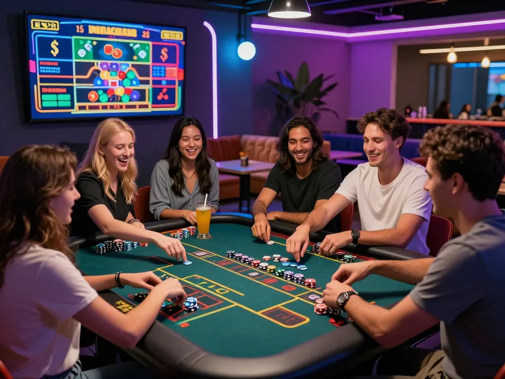 Friends enjoying a lively game night at MM88 online casino with vibrant atmosphere.