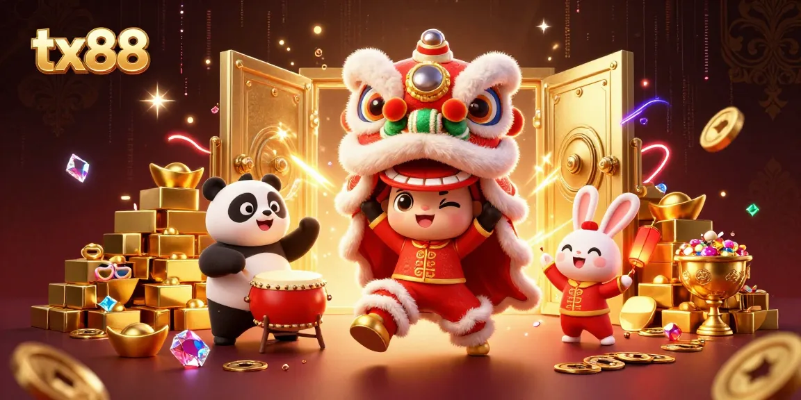 Experience the excitement of tx88 with a vibrant 3D illustration of a lion dance and riches from casino games.