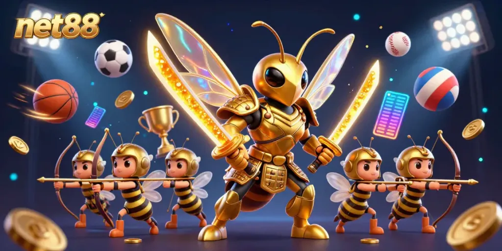 Engage with net88 in an action-packed scene featuring a golden hornet and bee archers amidst dynamic sports elements.
