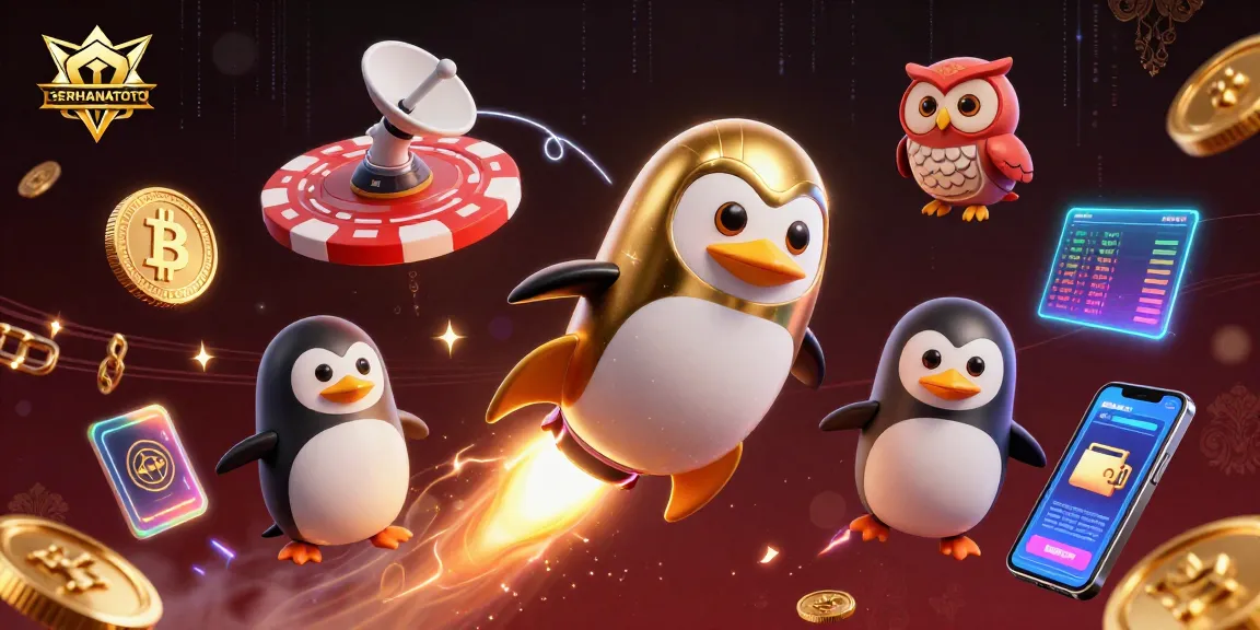 Menangkan permainan di GERHANATOTO dengan ilustrasi 3D dinamis yang menampilkan penguin emas dan kasino luar angkasa.