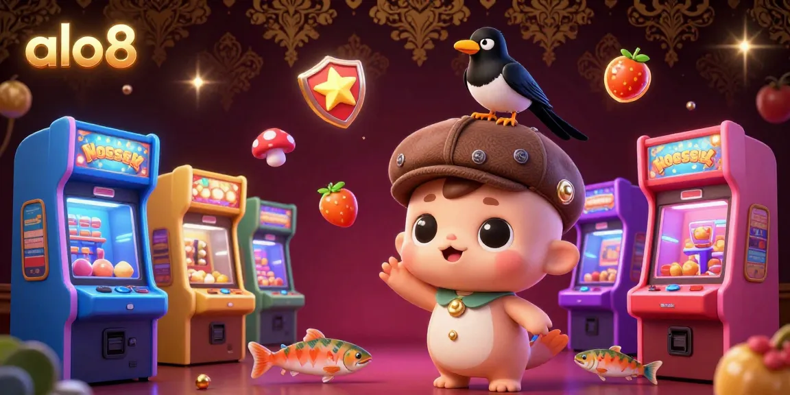 Engage with the enriching ALO8 casino experience featuring vibrant slot machines and playful characters.