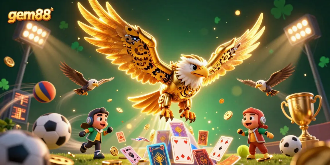 Experience the thrill of gem88 with a dynamic scene of a cybernetic eagle soaring amidst holographic cards and sports elements.