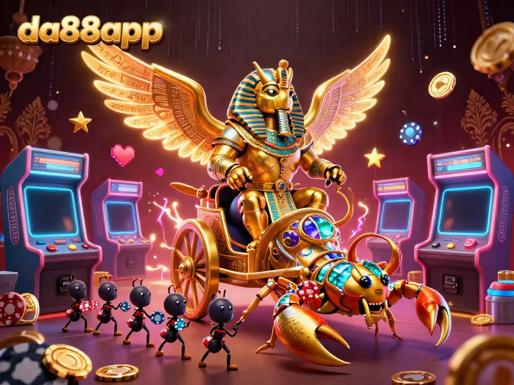 Experience vibrant gaming with da88app's golden scarab beetle and dynamic casino elements.