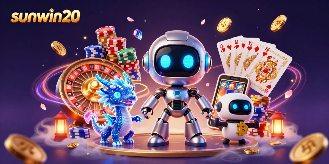 Experience thrilling gameplay with sunwin20 in this vibrant digital casino scene featuring a robot mascot.
