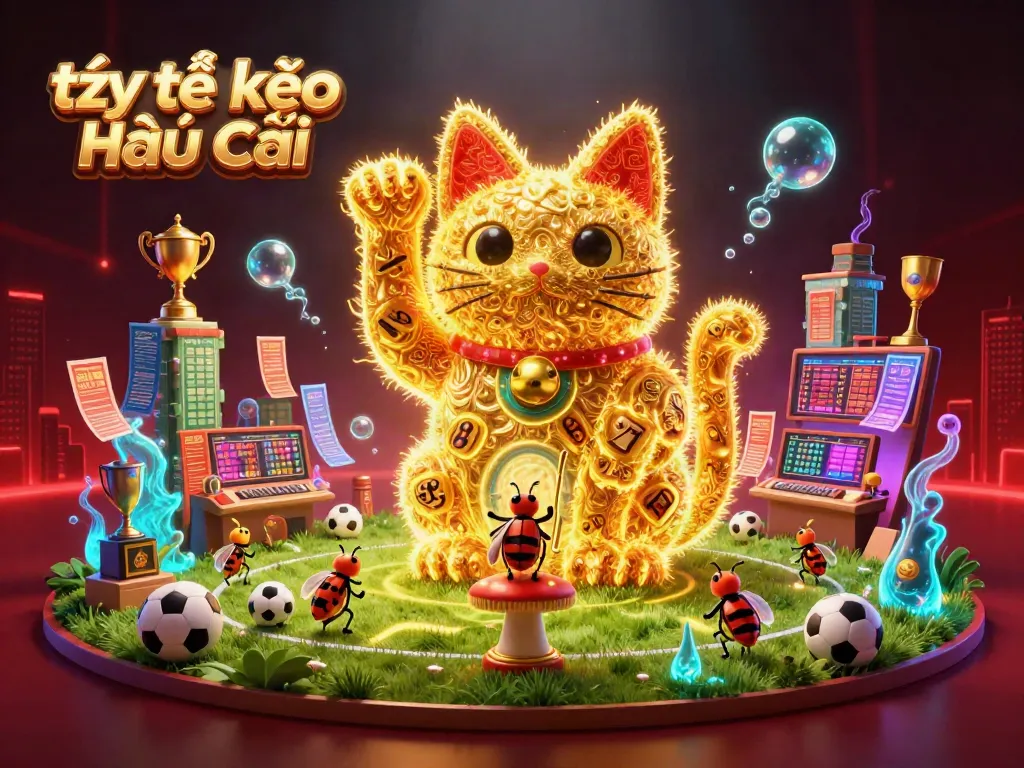 Experience the vibrant world of tỷ lệ kèo nhà cái with dynamic sports betting symbols and a lucky cat illustration.