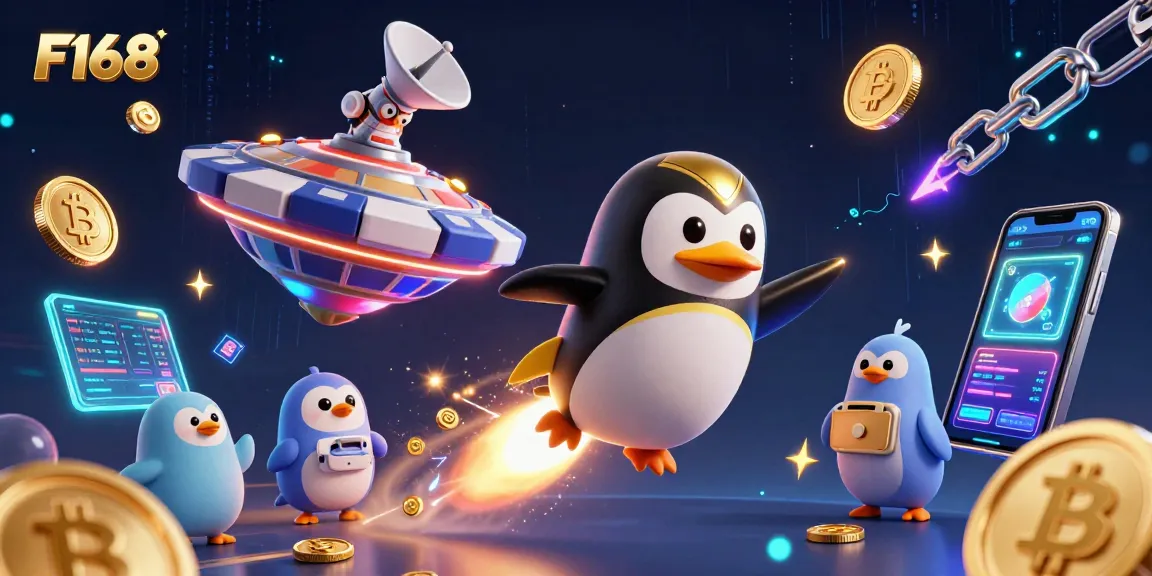 Experience exciting gaming at F168 with a golden penguin and vibrant casino elements