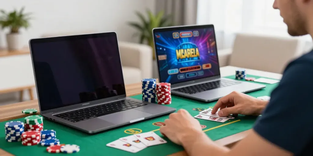 Player enjoying online gaming at https://five88bet.org/ with vibrant graphics and casino chips.
