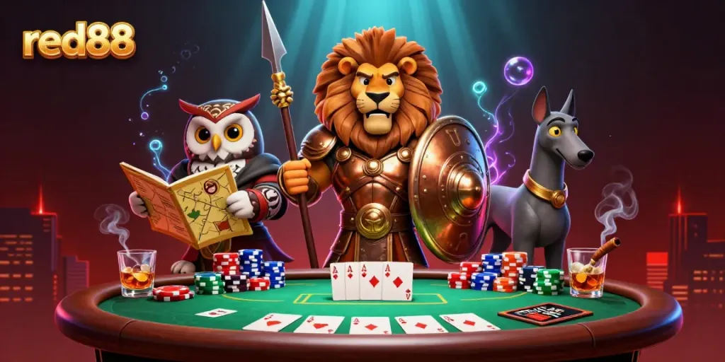 Experience the thrilling atmosphere of red88 with a heroic lion and a strategic owl amidst vibrant gambling elements.