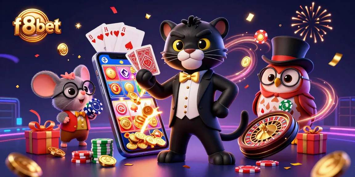 Playful f8bet scene with a stylish black panther dealing cards, surrounded by exciting casino elements.