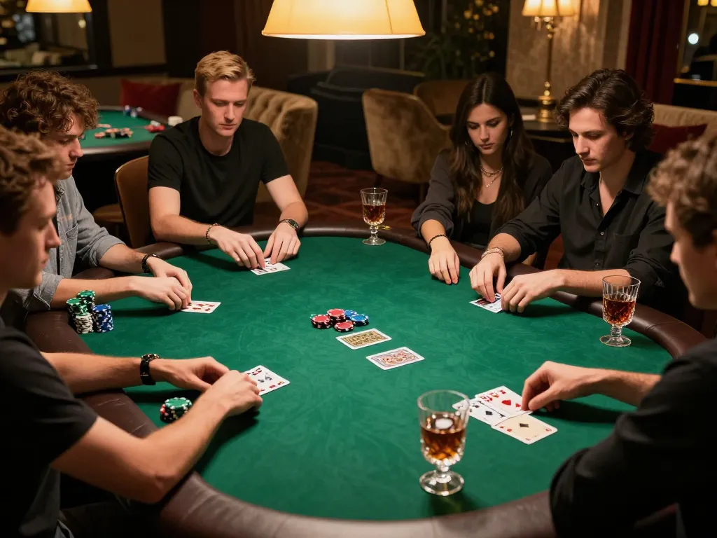 Players strategizing in a high-stakes qq88 poker game with premium setups and drinks.