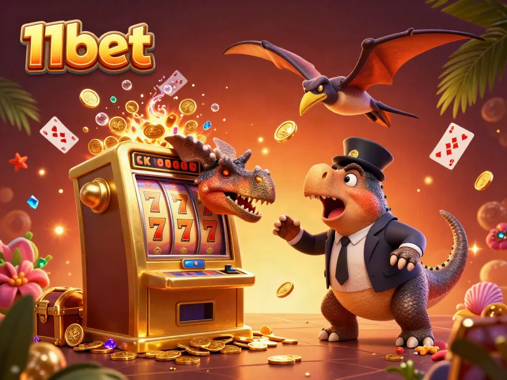11bet offers thrilling jackpots with cartoon dinosaurs in an exciting casino scene.