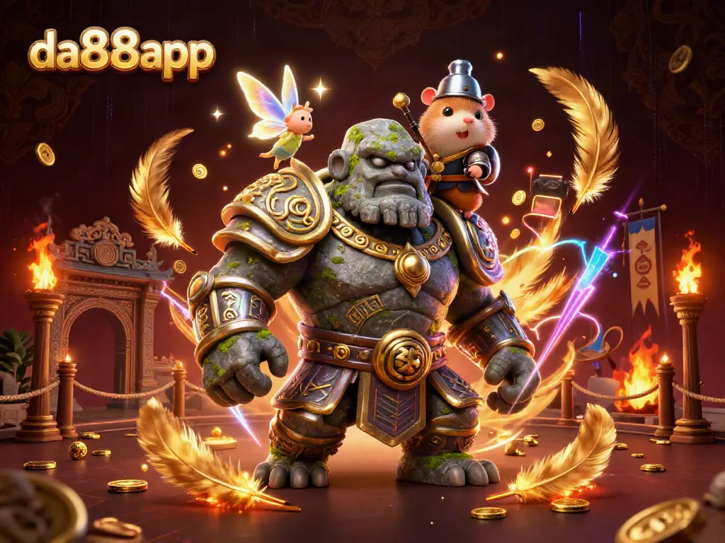 Experience excitement at da88app with an enchanting golem and a fairy, surrounded by dynamic casino elements.