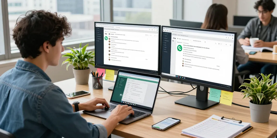 Professional using WhatsApp網頁版 on a laptop in a modern workspace.