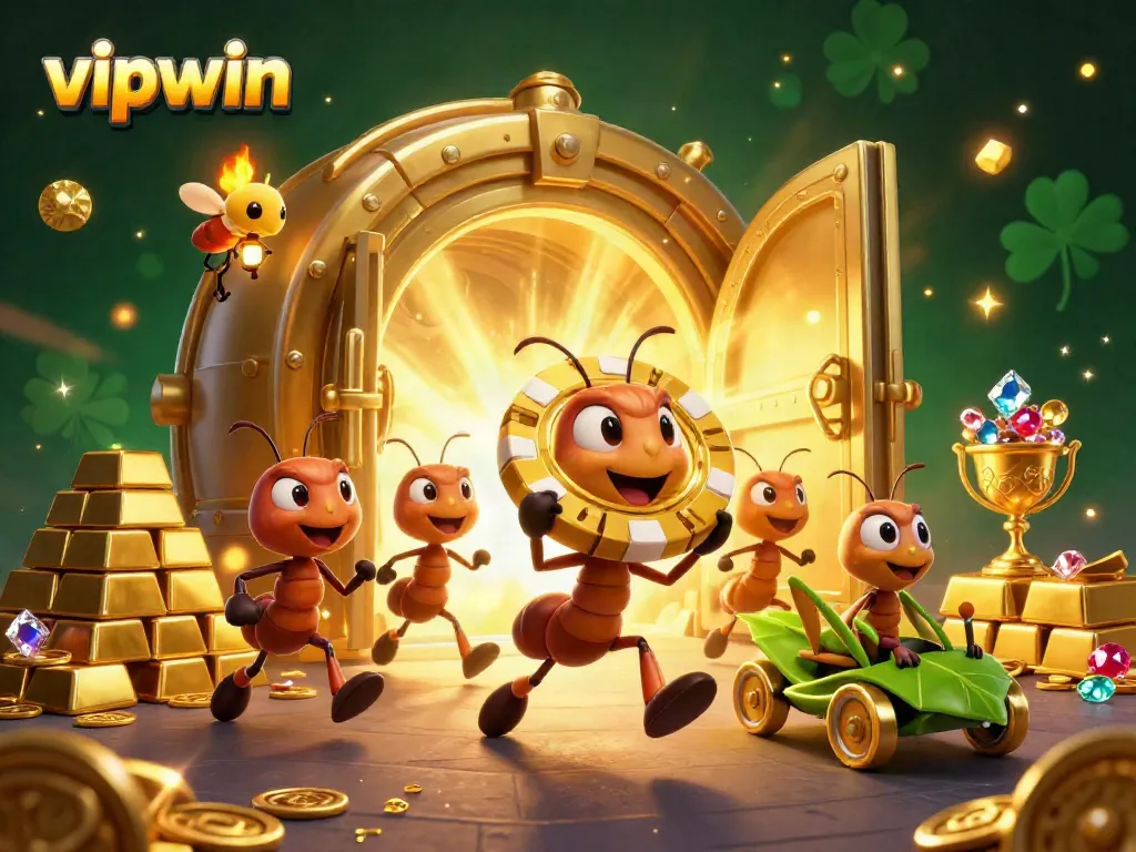 Witness the vipwin heist as cartoon ants carry a massive golden poker chip, surrounded by treasure.