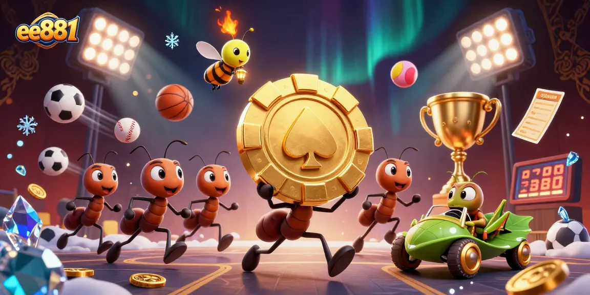 Experience the thrilling world of ee881 as ants execute a heist for a giant poker chip in a vibrant gambling scene.