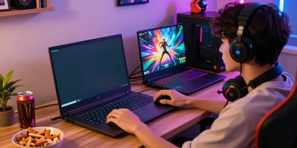 Engaged player enjoying hitclub online gaming experience with colorful graphics and cozy setup.