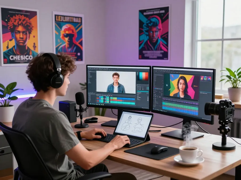 Content creator working on AI porn project in a modern digital studio