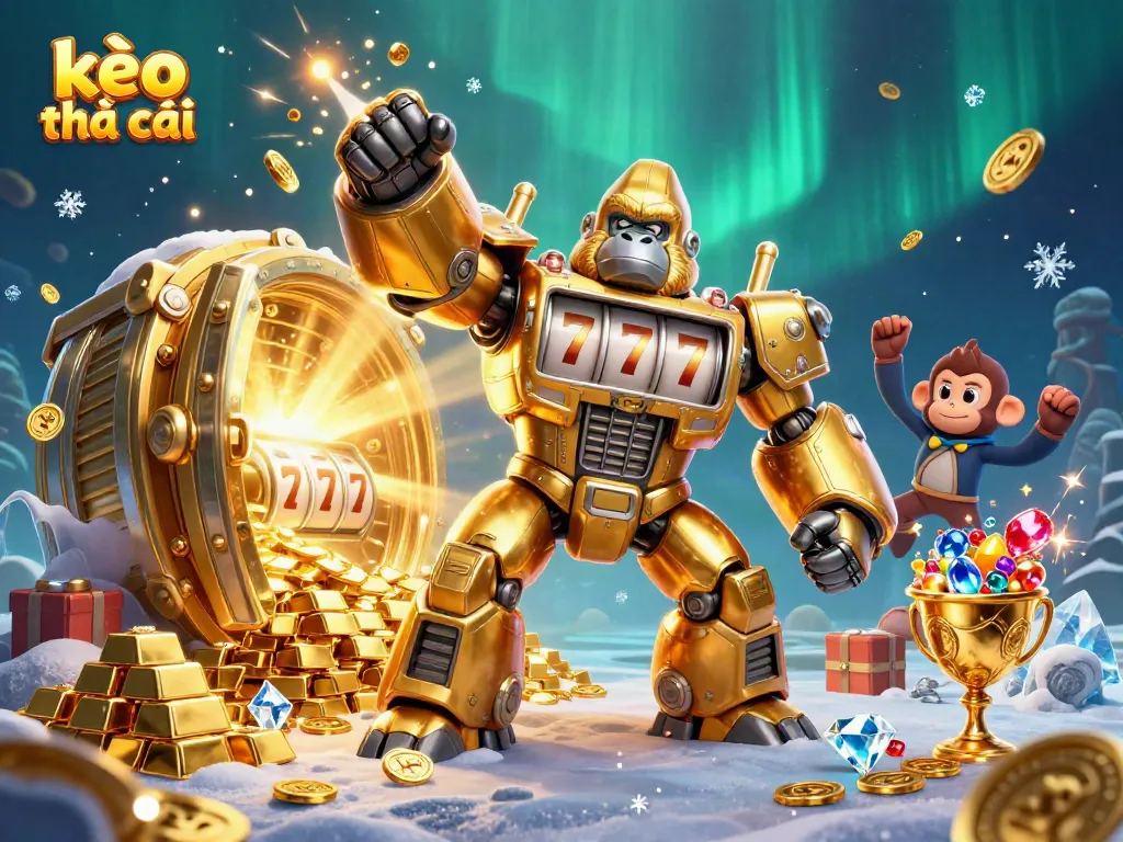 Experience kèo nhà cái excitement with a golden mech and treasure in a dynamic casino scene.