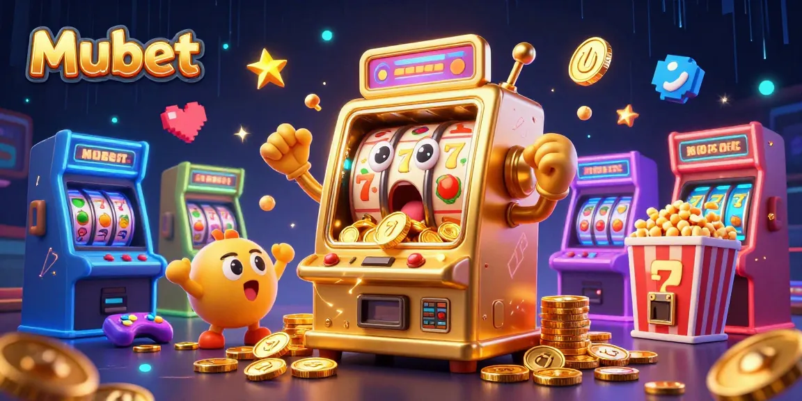Mubet delights viewers with a dynamic scene of a golden slot machine hitting a jackpot amidst cheering machines.