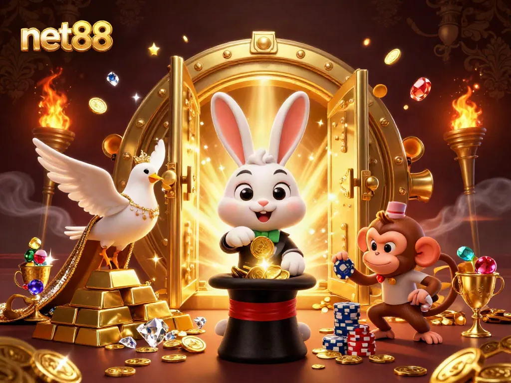 Experience the magic of net88 with the 3D cartoon rabbit, dove, and monkey amid sparkling riches.
