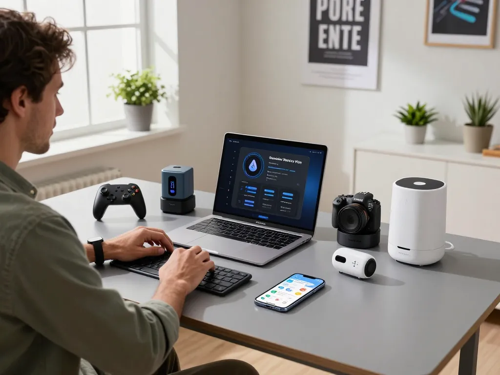 Best tech gadgets for men showcased on a modern desk with Bluetooth devices, creating an innovative workspace.