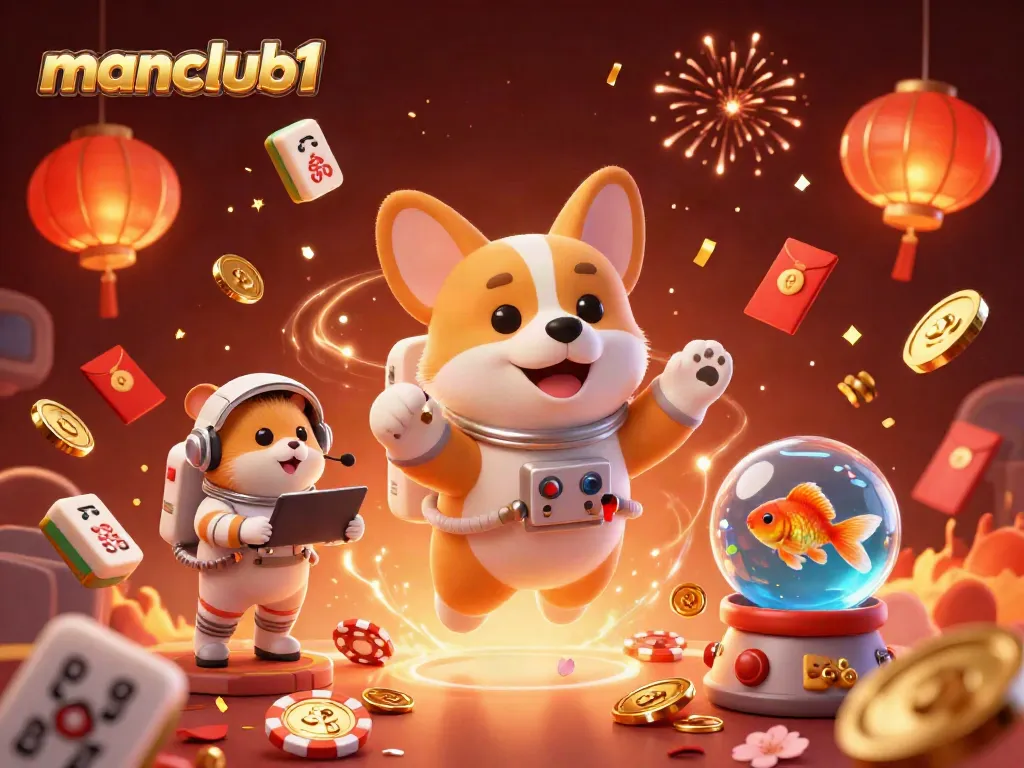 Experience thrilling gameplay with Manclub1 in a lively casino space scene featuring an astronaut corgi and playful characters.