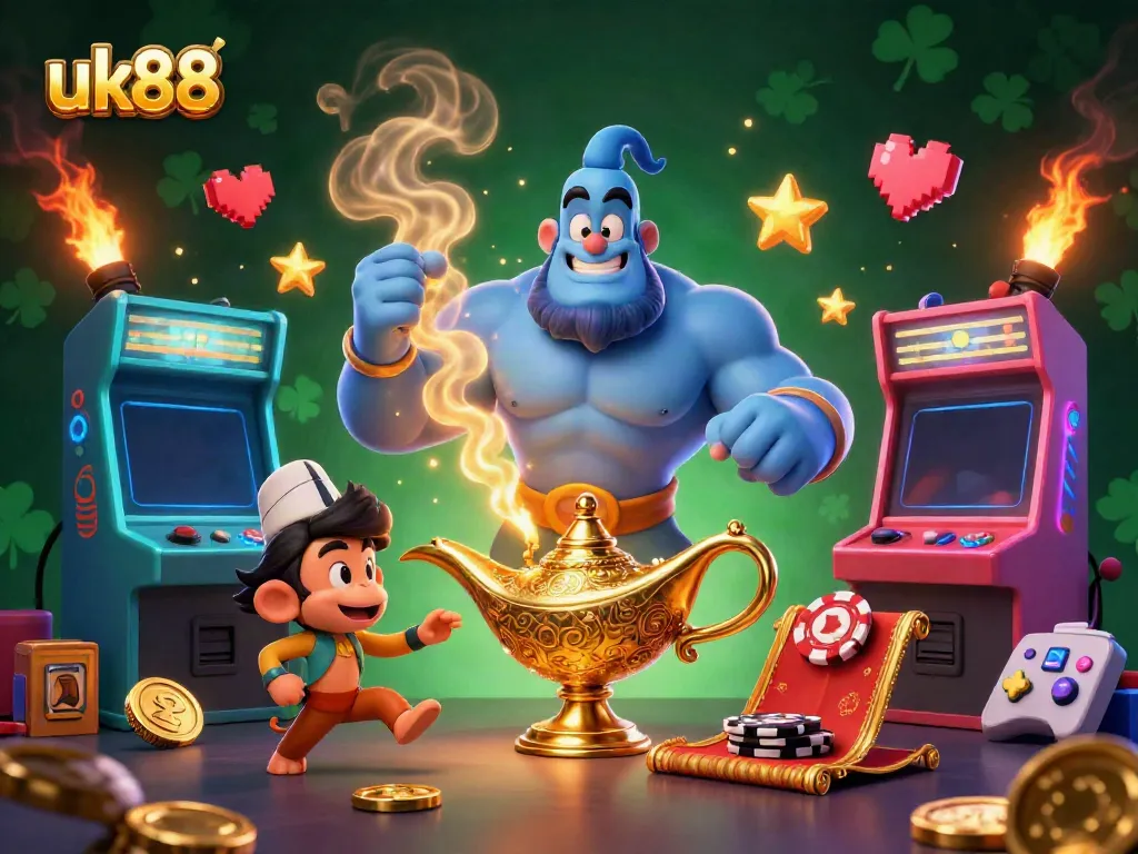 Experience the thrill of gambling with uk88 as a powerful genie and casino elements come alive in this vibrant 3D illustration.