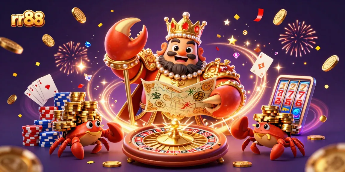 Engage with rr88's golden crab emperor and his treasure map in a vibrant casino scene filled with excitement.