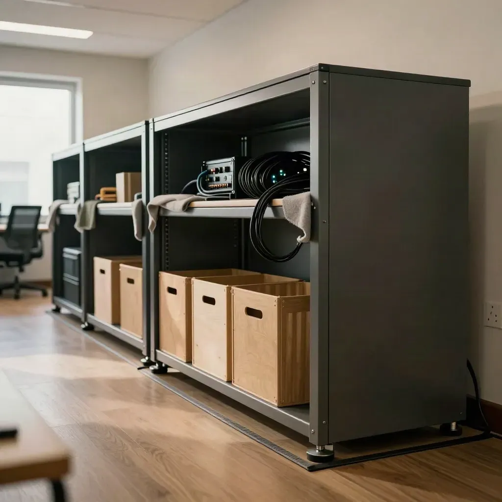 Večerní kancelář po stěhování: serverová skříň, rámy stolů, archivační bedny a kabely na chráněné podlaze.
